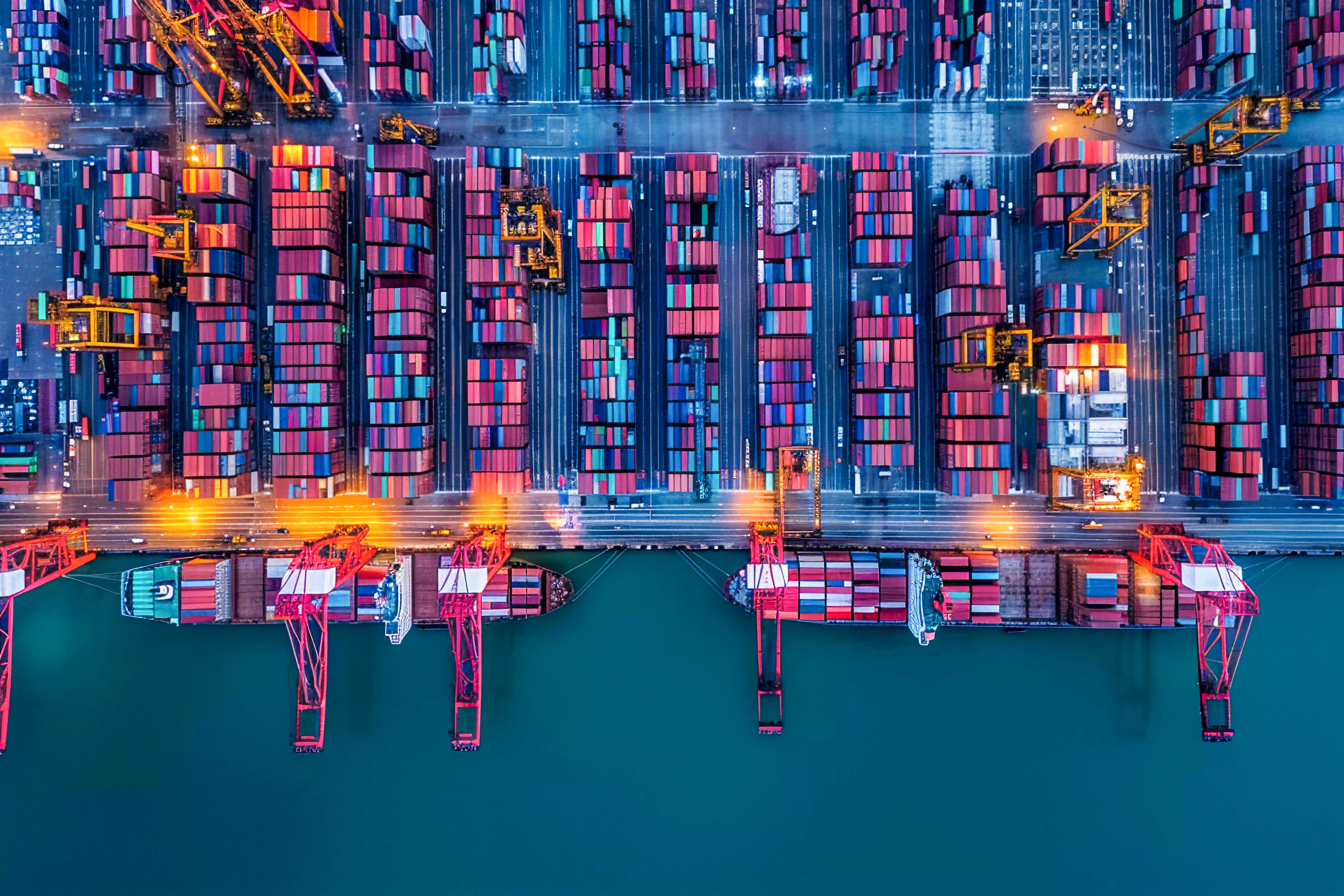 Aerial view of a container terminal with vessels being loaded and stacks of containers