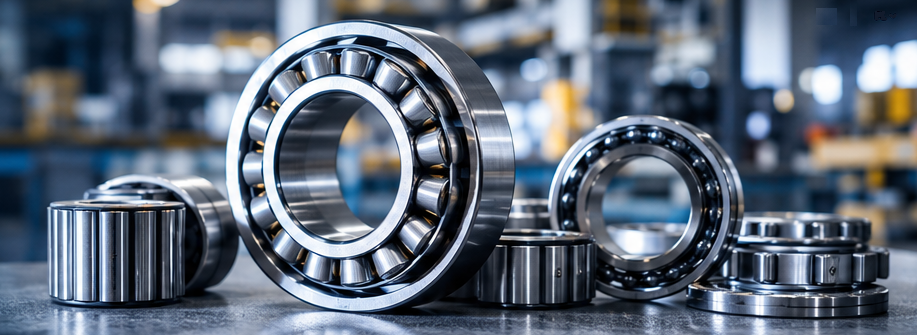 Industrial bearings of various types on a workbench in a production hall